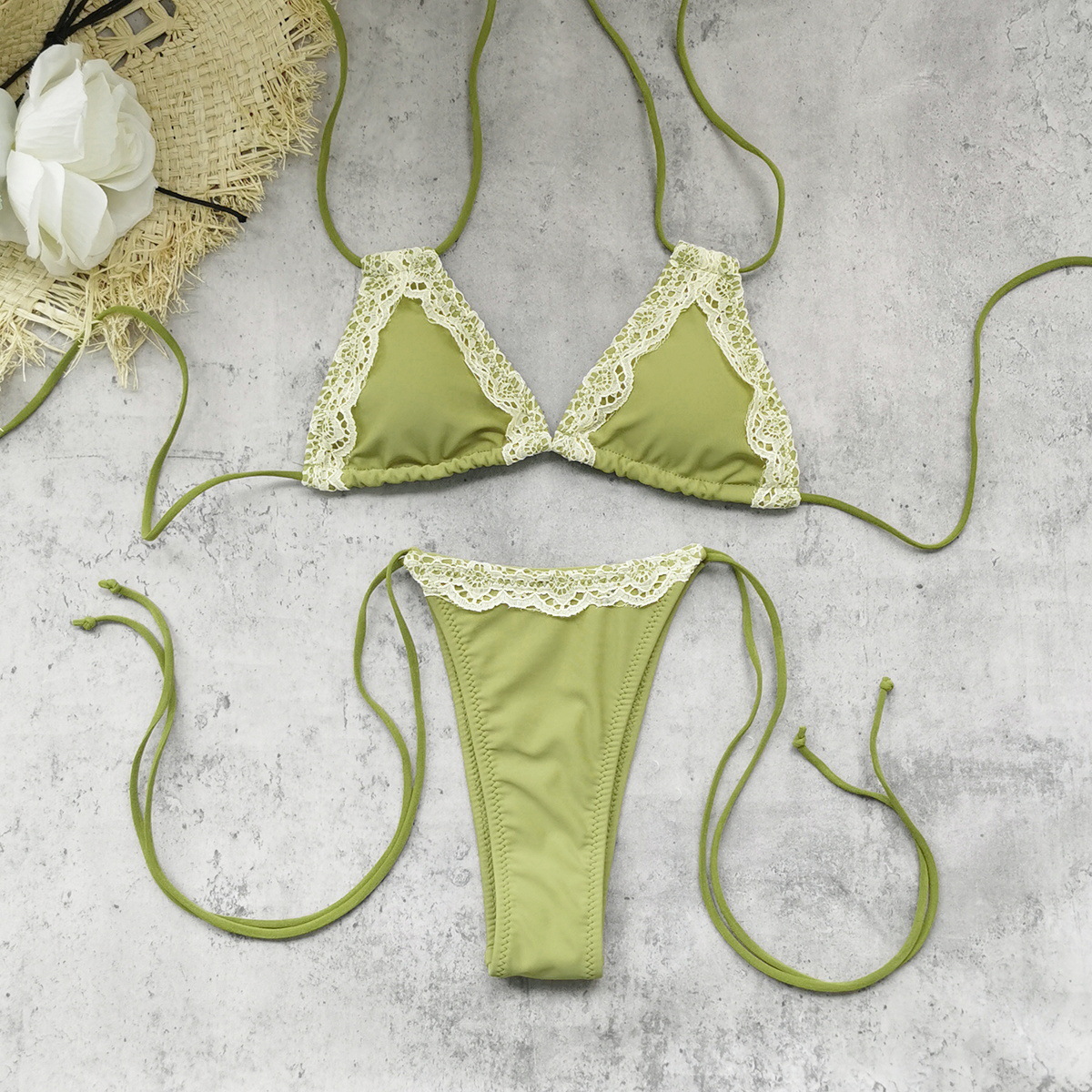 Lace Trim Halter Triangle Bikini Set with Tie Side Bottom