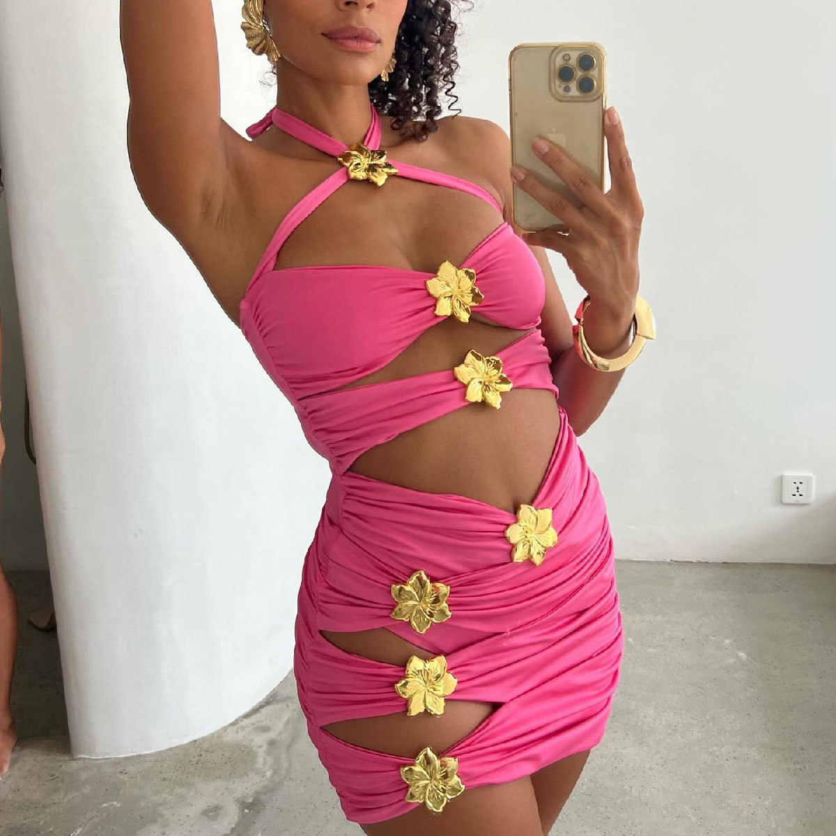 Halter Cutout One Piece Swimsuit with Bandeau Cups and Ruched Panels