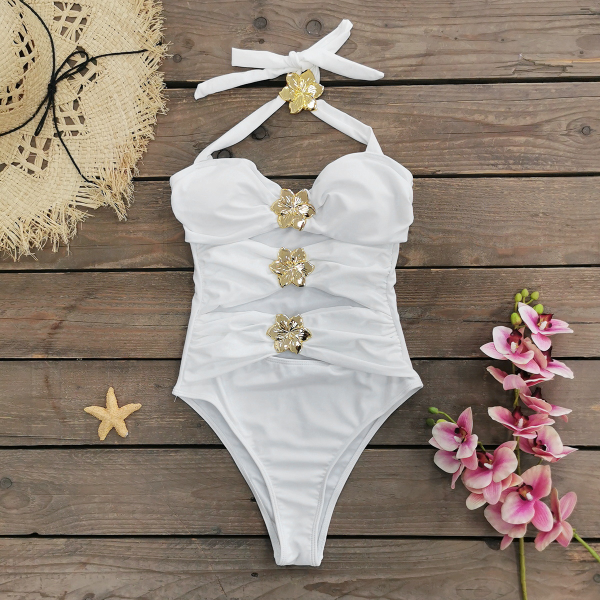 Halter Cutout One Piece Swimsuit with Bandeau Cups and Ruched Panels