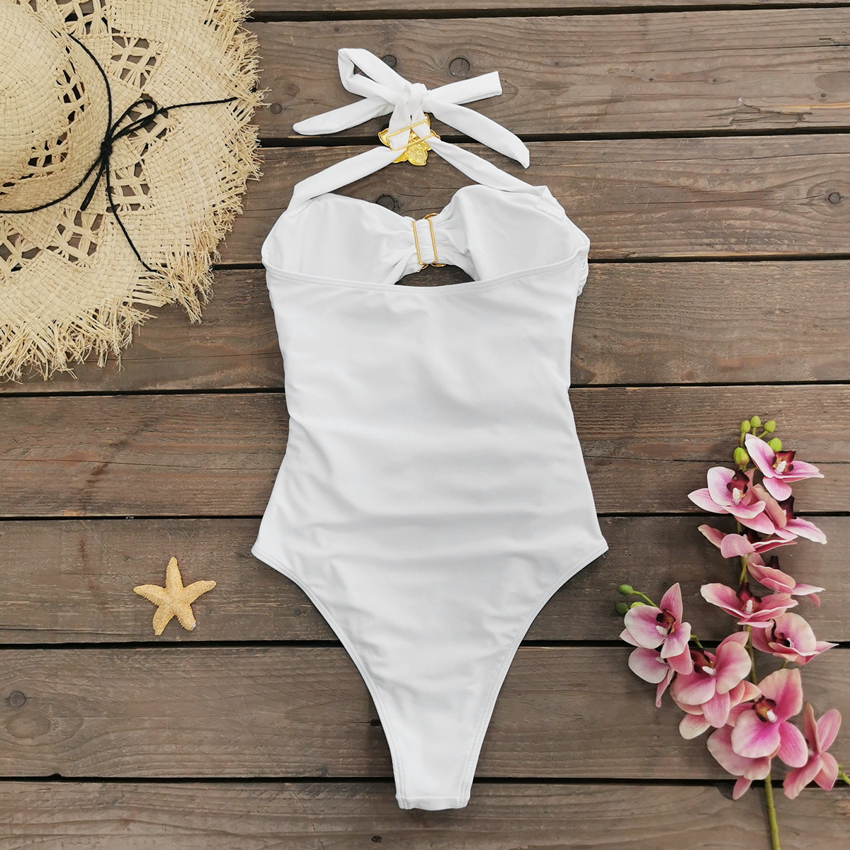 Halter Cutout One Piece Swimsuit with Bandeau Cups and Ruched Panels