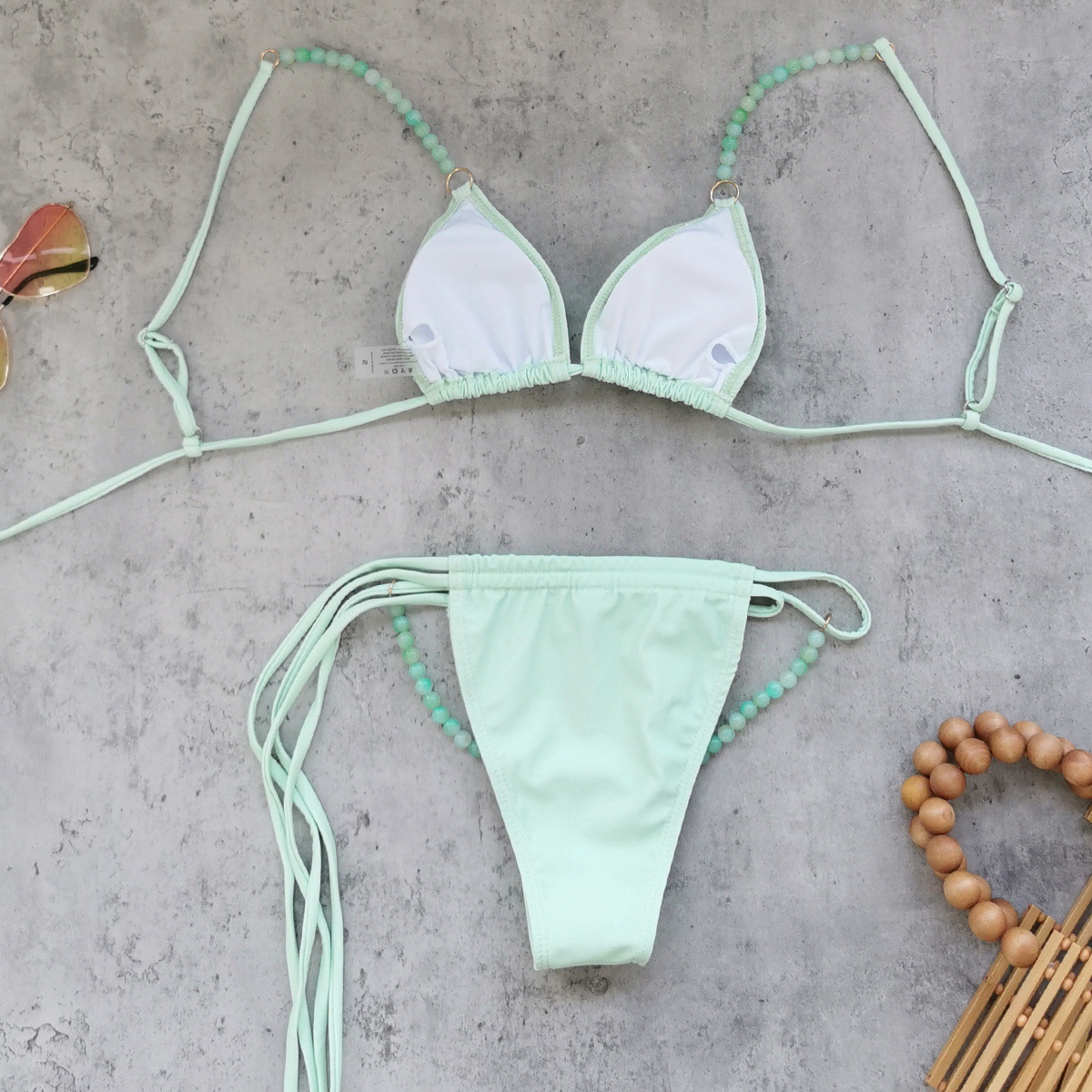 Two-Piece Triangle Bikini with Beaded Straps and Tie-Side Bottoms