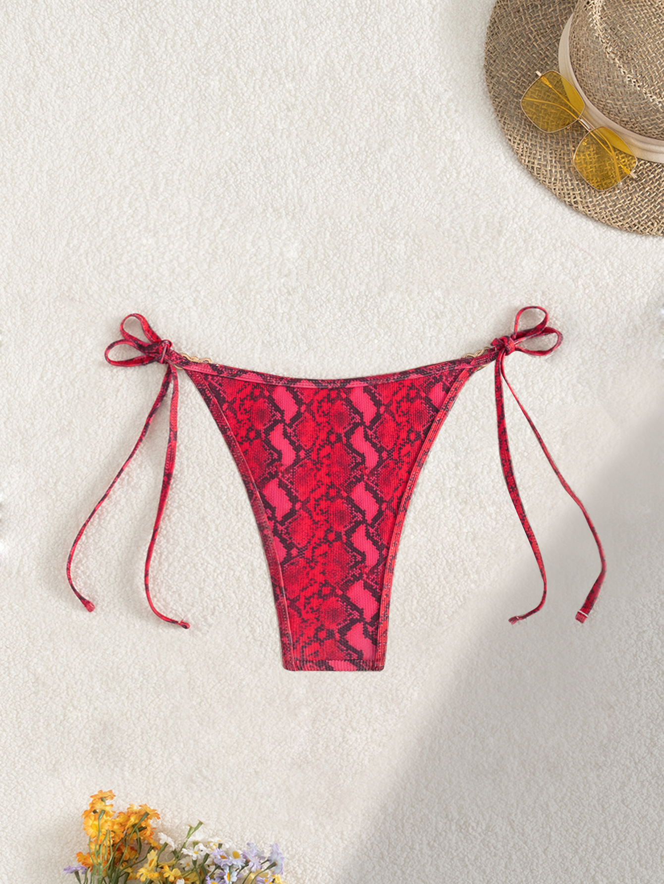 Red Snake Print Side Tie Strappy High Cut Bikini Bottom