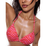 Women's Triangle Halter Bikini Top with Ruched Cup Edges and String Ties