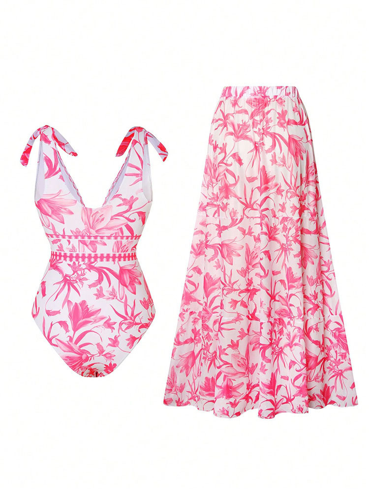 Women's V-Neck Tie-Strap One-Piece Swimsuit and Maxi Skirt Set view 4