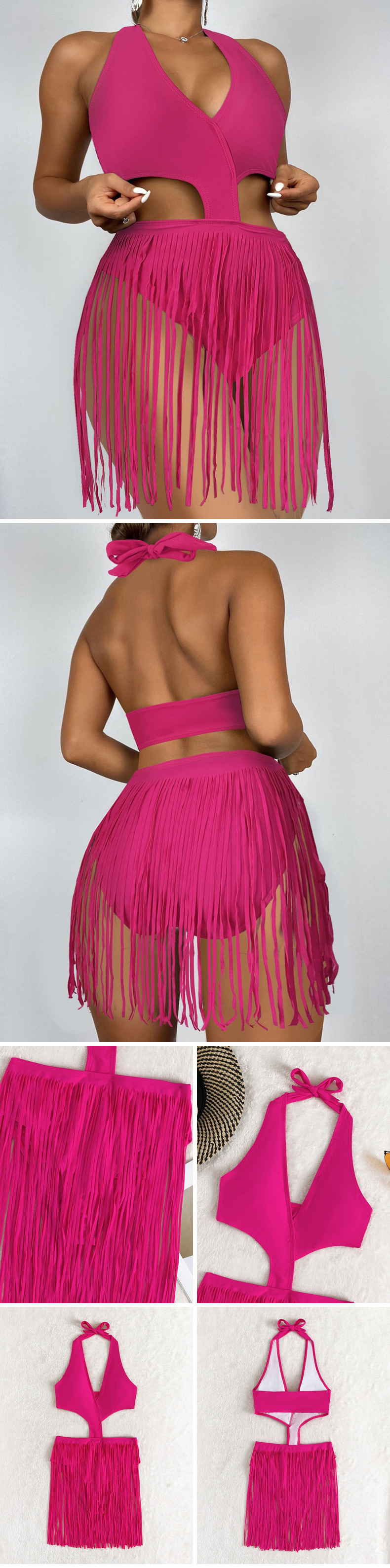 Women's Halter Cut-Out One-Piece Swimsuit with Fringe Skirt view 4