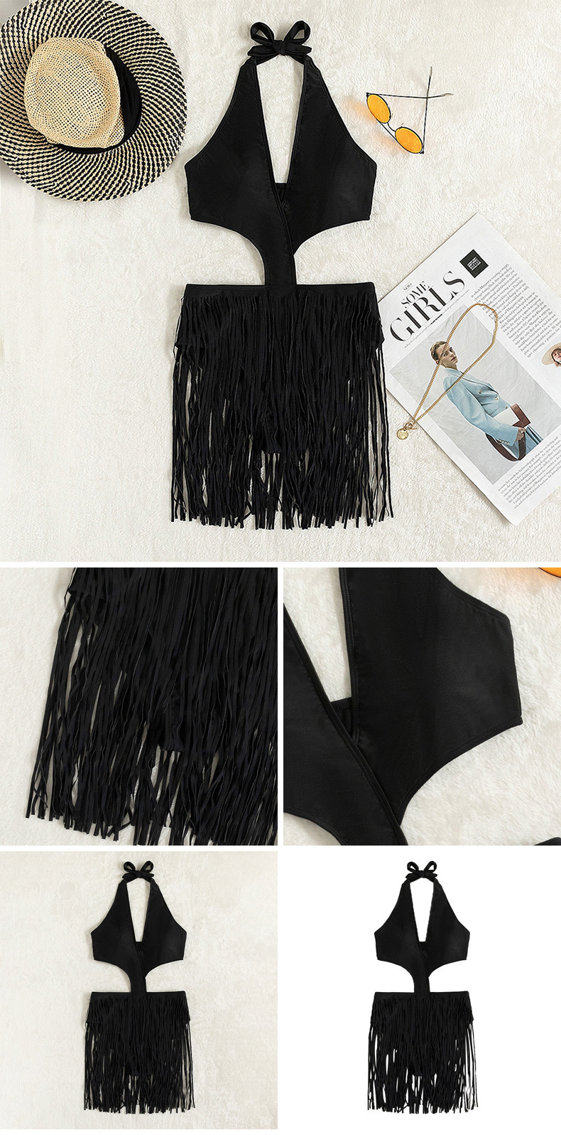 Women's Halter Cut-Out One-Piece Swimsuit with Fringe Skirt view 5
