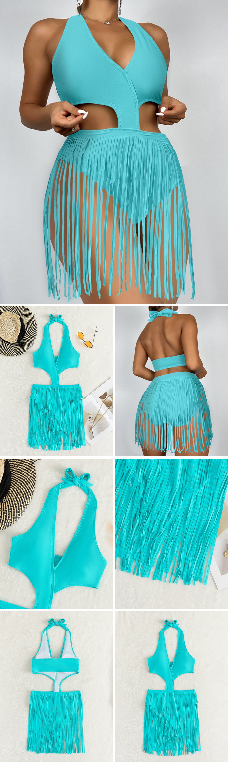 Women's Halter Cut-Out One-Piece Swimsuit with Fringe Skirt view 6