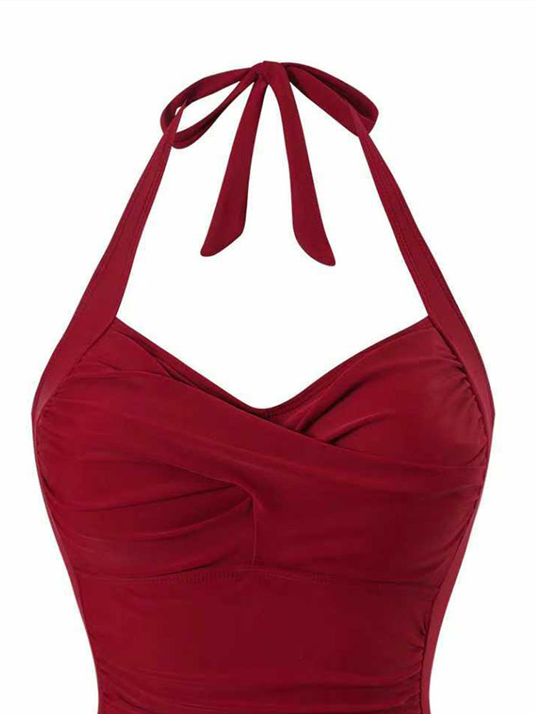 Women's Halter Neck Ruched One Piece Swimsuit with Boyshorts view 10