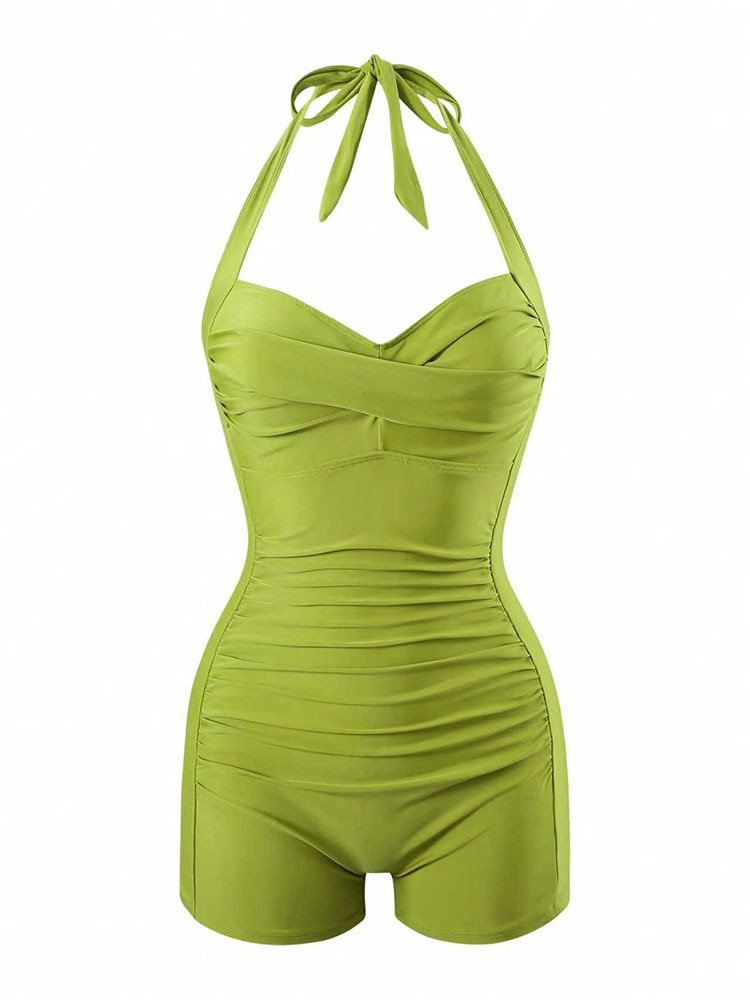 Women's Halter Neck Ruched One Piece Swimsuit with Boyshorts view 11