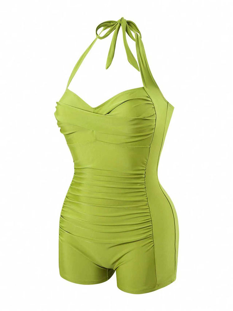 Women's Halter Neck Ruched One Piece Swimsuit with Boyshorts view 12