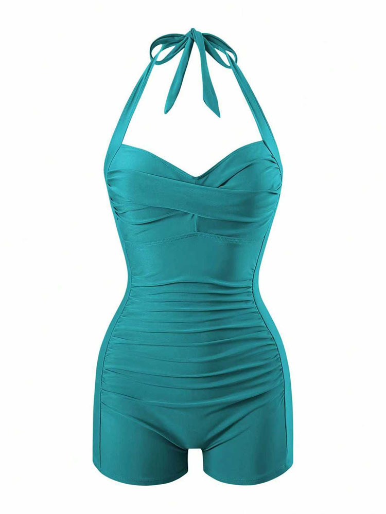 Women's Halter Neck Ruched One Piece Swimsuit with Boyshorts view 15
