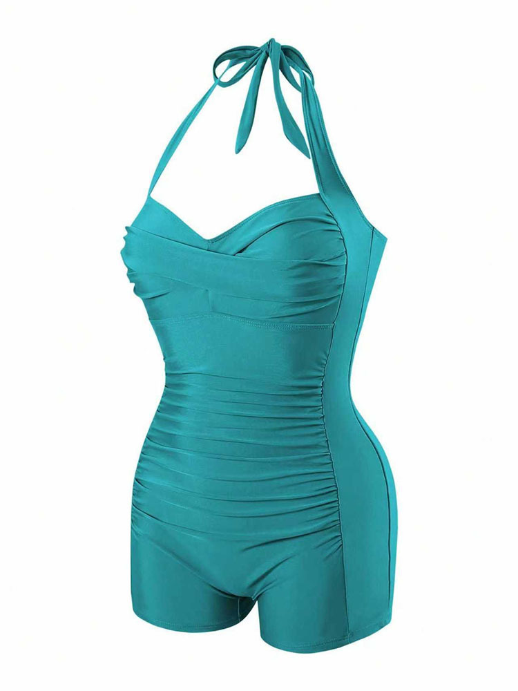 Women's Halter Neck Ruched One Piece Swimsuit with Boyshorts view 16