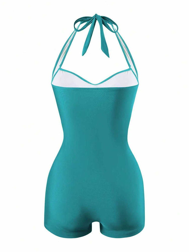Women's Halter Neck Ruched One Piece Swimsuit with Boyshorts view 17