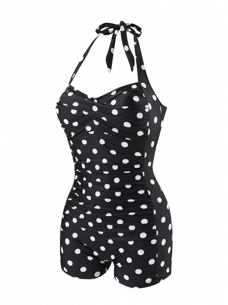 Women's Halter Neck Ruched One Piece Swimsuit with Boyshorts view 19