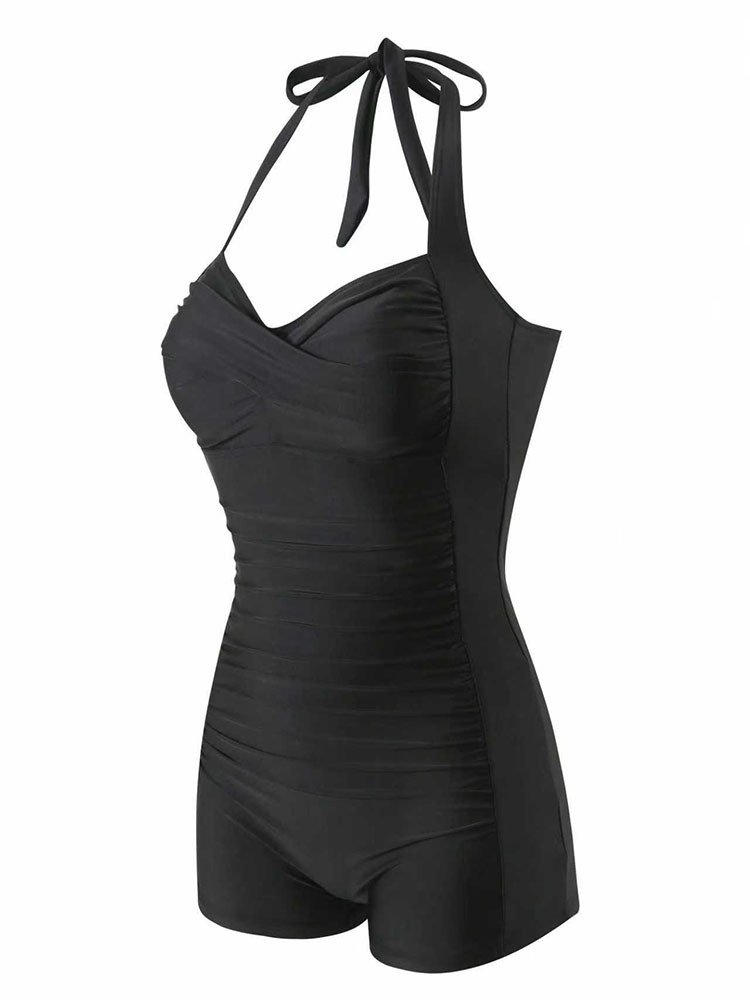 Women’s Halter Neck Ruched One Piece Swimsuit with Boyshorts