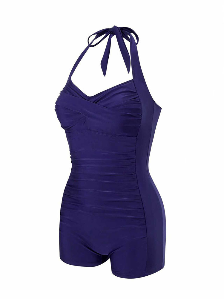 Women's Halter Neck Ruched One Piece Swimsuit with Boyshorts view 6