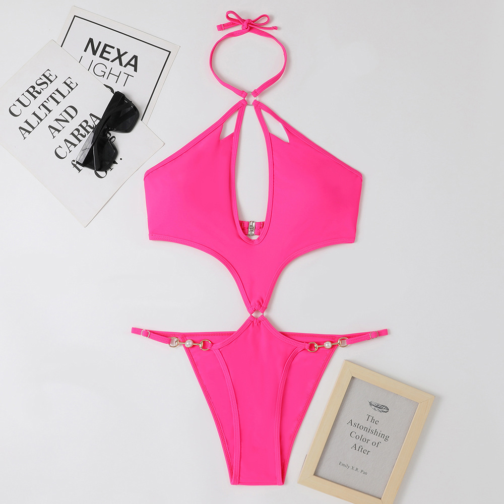 Women's Cross Halter Keyhole Cutout Monokini with Pearl Chain Links view 12