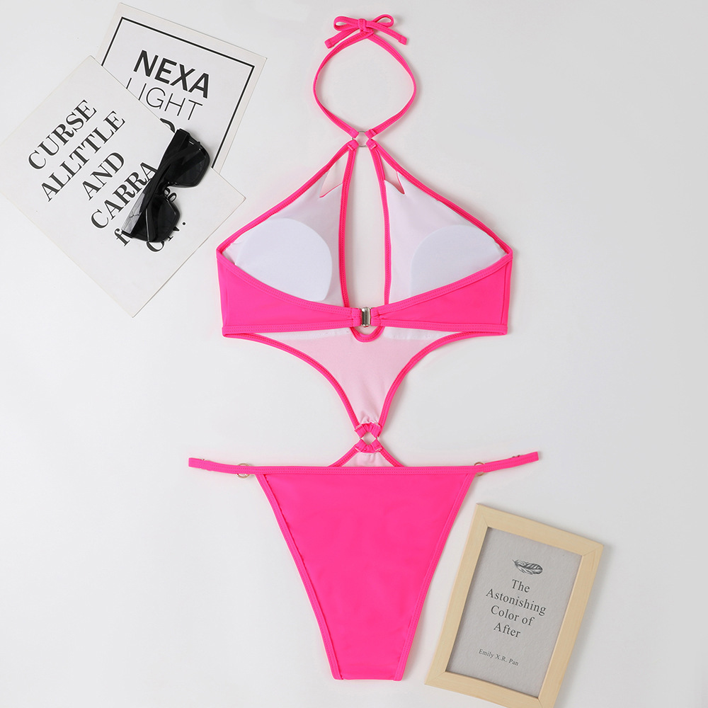 Women's Cross Halter Keyhole Cutout Monokini with Pearl Chain Links view 13