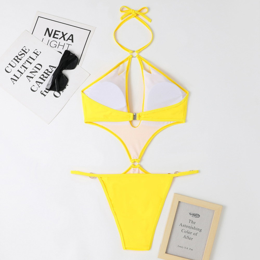 Women's Cross Halter Keyhole Cutout Monokini with Pearl Chain Links view 15