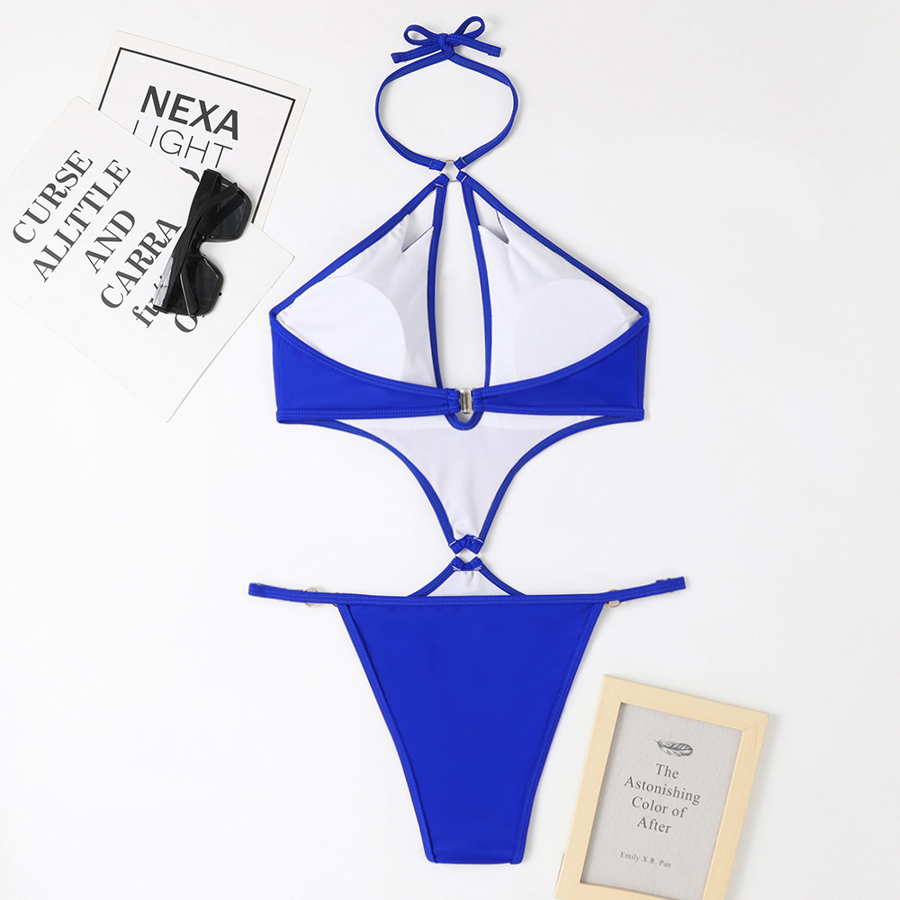 Women's Cross Halter Keyhole Cutout Monokini with Pearl Chain Links view 16
