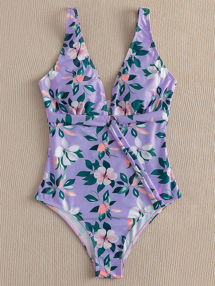 Women's Deep V-Neck One-Piece Swimsuit with Ring Tie Waist view 3