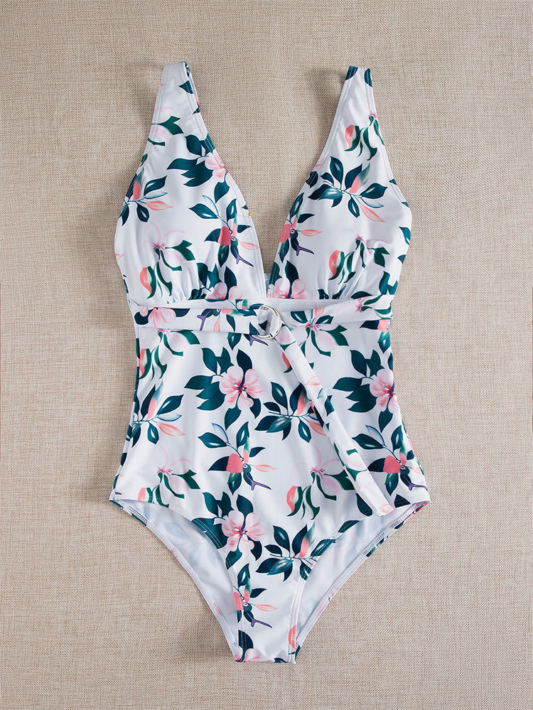 Women's Deep V-Neck One-Piece Swimsuit with Ring Tie Waist view 8