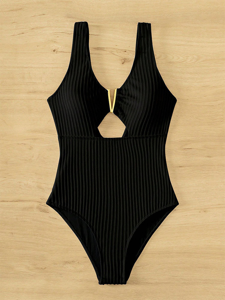 Women’s Plunge Neck Keyhole Cutout One-Piece Swimsuit with Metal Ring Accent
