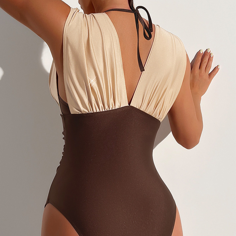 Women's V-Neck Ruched One-Piece Swimsuit with Halter Straps view 11