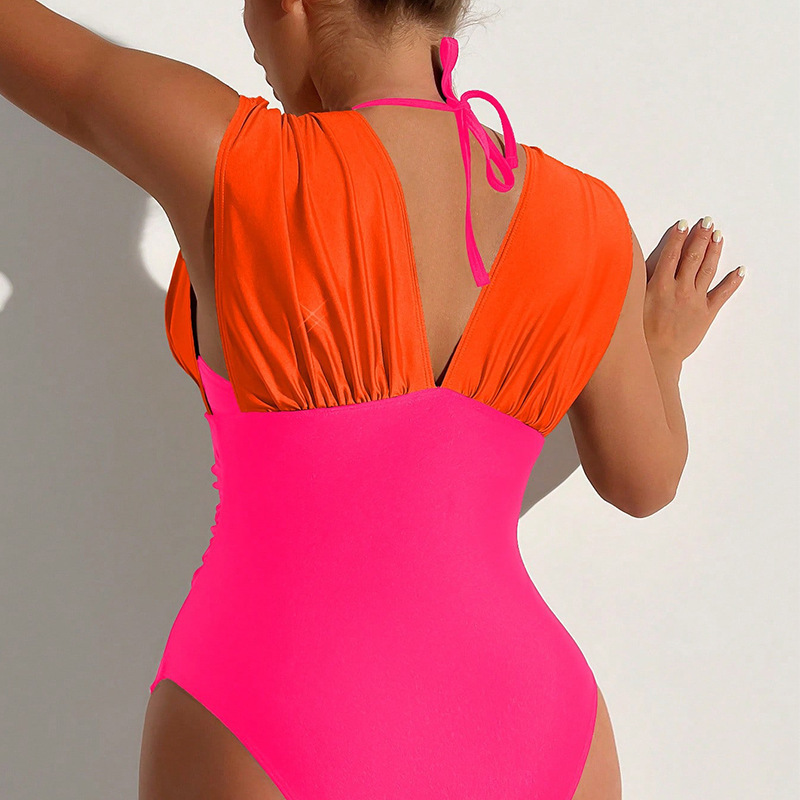 Women's V-Neck Ruched One-Piece Swimsuit with Halter Straps view 6