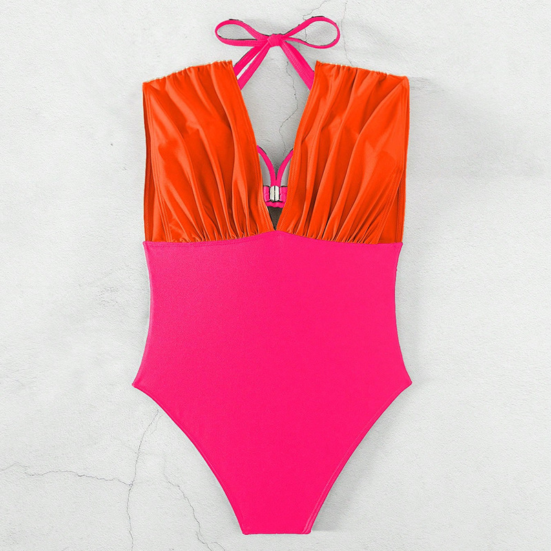 Women's V-Neck Ruched One-Piece Swimsuit with Halter Straps view 7
