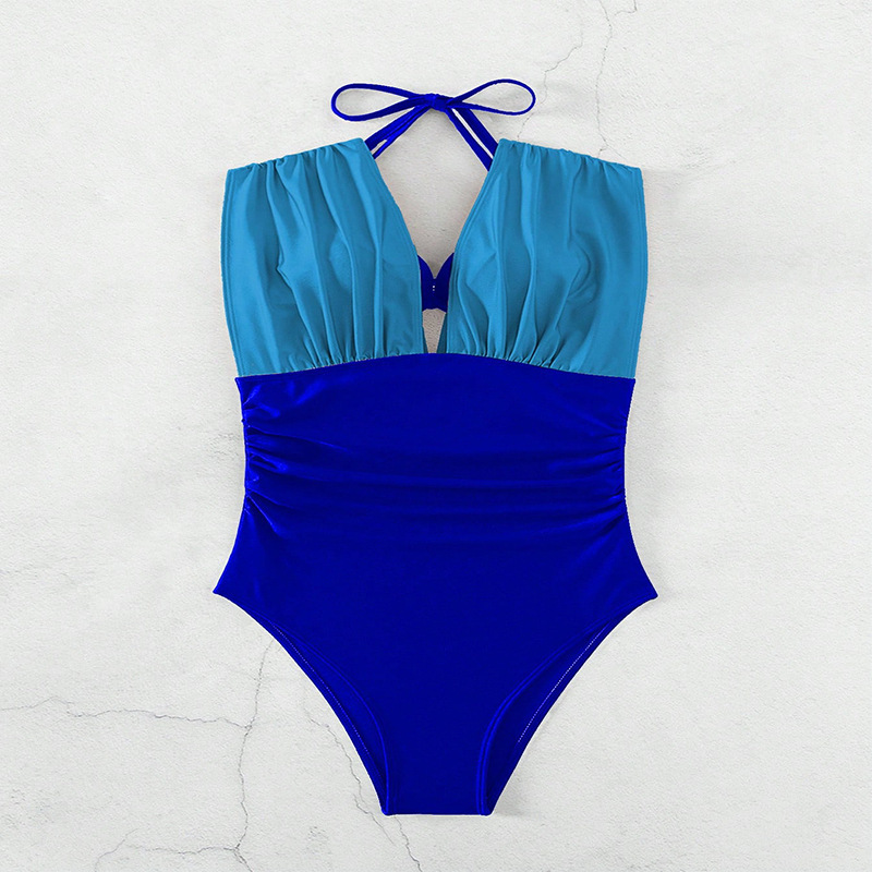 Women's V-Neck Ruched One-Piece Swimsuit with Halter Straps view 9
