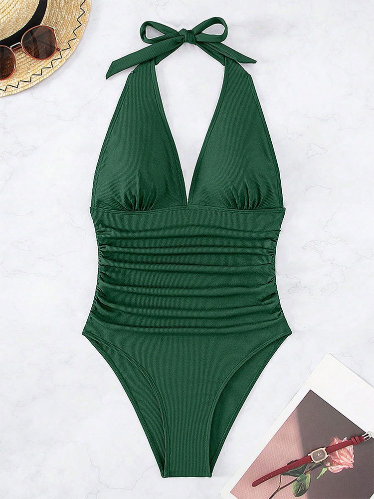 Halter V-Neck Ruched One-Piece Swimsuit view 11