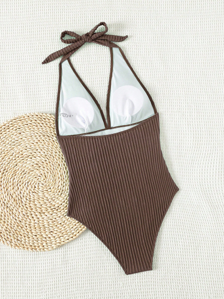 Halter Neck Ruched One-Piece Swimsuit with Deep V-Neck view 4