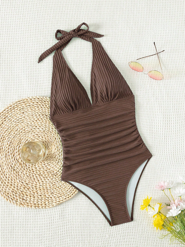 Halter Neck Ruched One-Piece Swimsuit with Deep V-Neck view 5