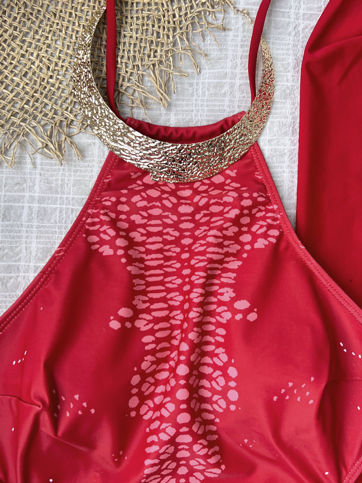 Red Halter Neck Cutout One Piece Swimsuit with Gold Trim