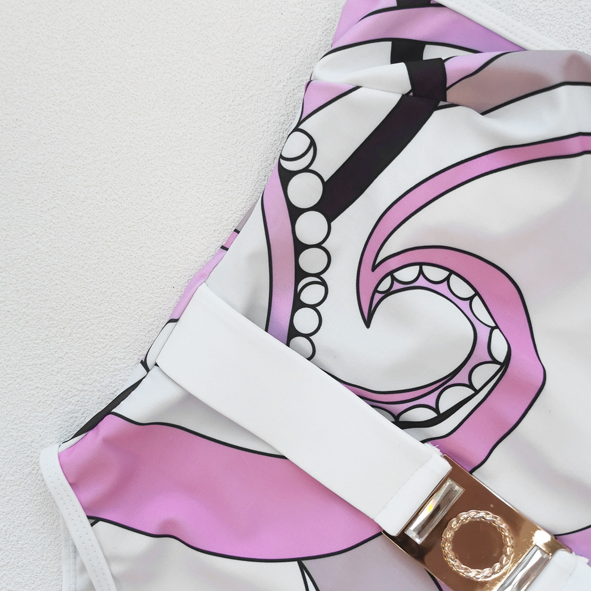 Purple Print Strapless Belted One-Piece Swimsuit