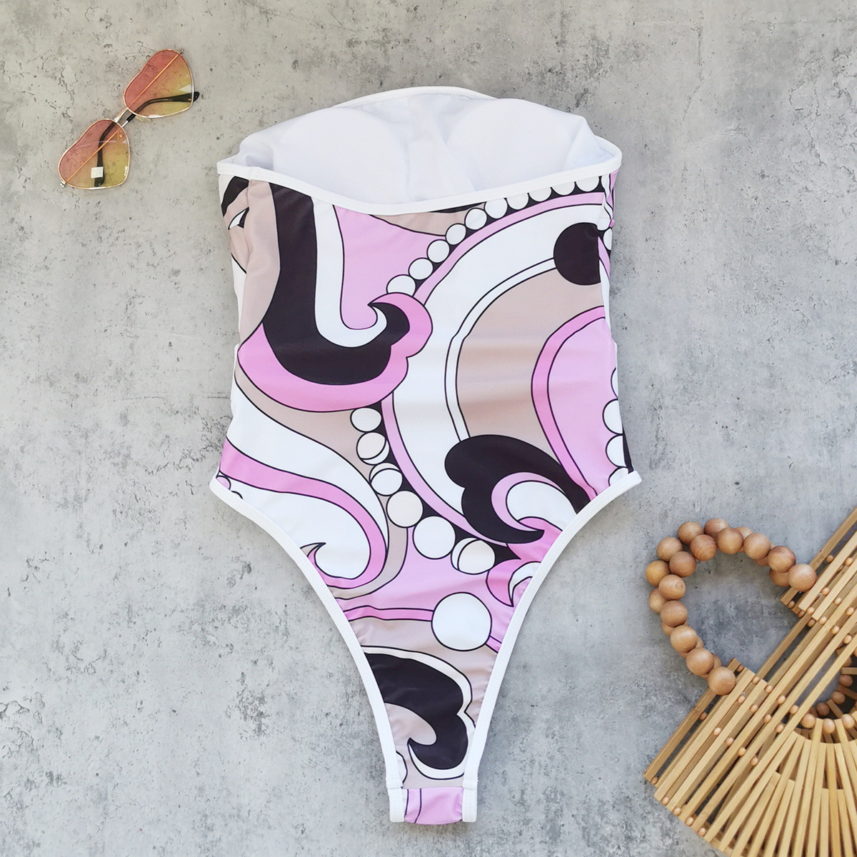 Purple Print Strapless Belted One-Piece Swimsuit