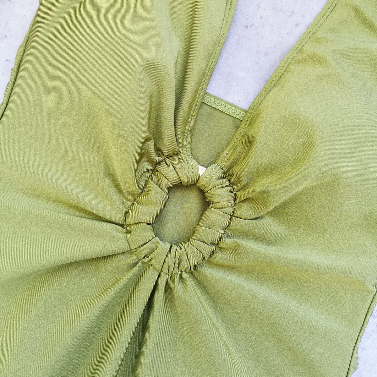 Olive Green One Piece Swimsuit with Deep V Ring Detail