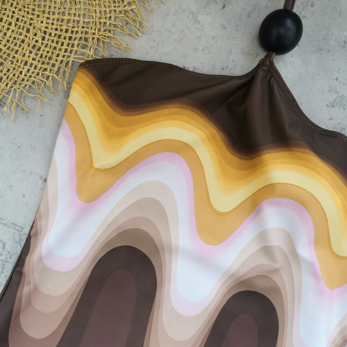Coffee Brown Wave Print Halter One-Piece Swimsuit
