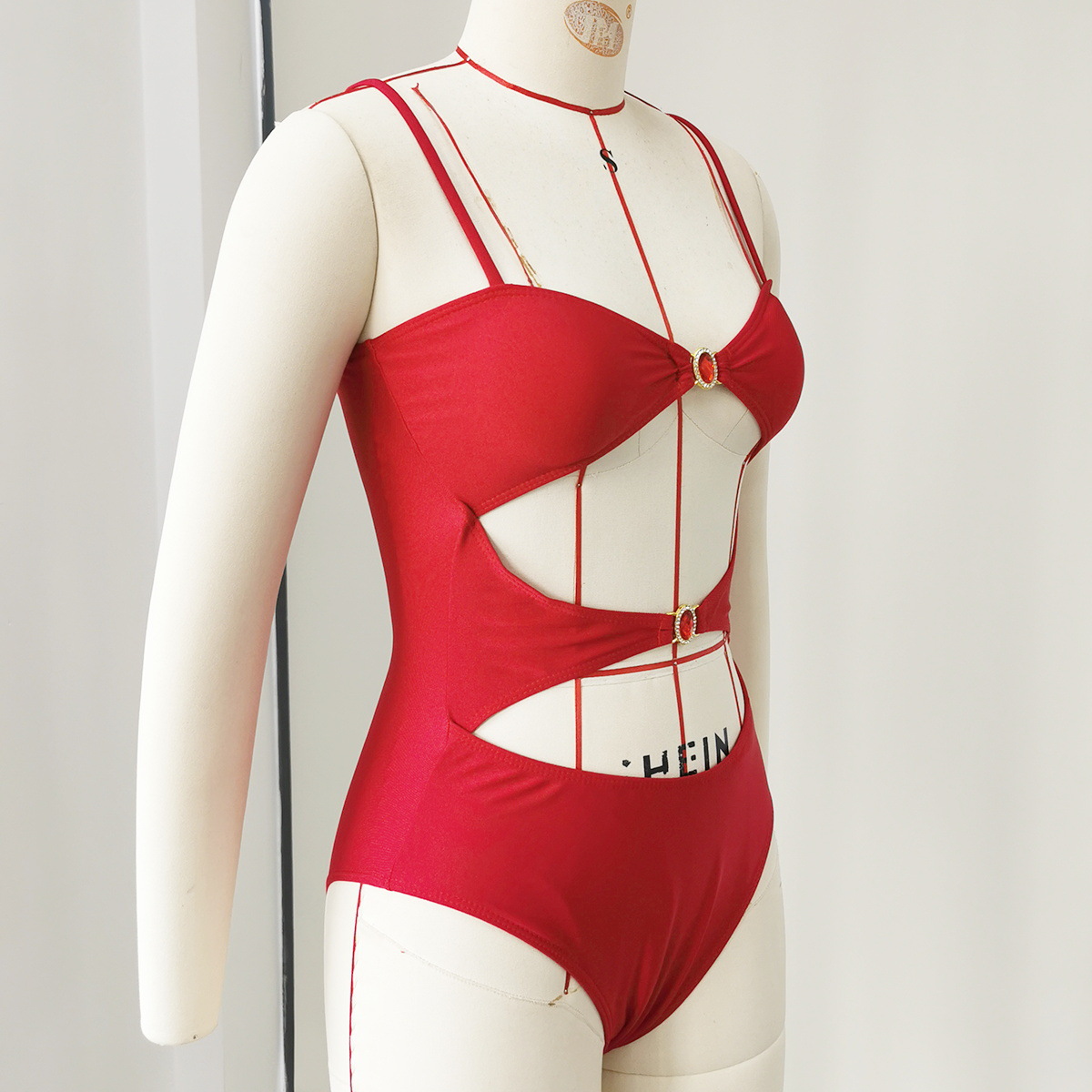 Red Cutout One-Piece Swimsuit with Spaghetti Straps and Jeweled Hardware