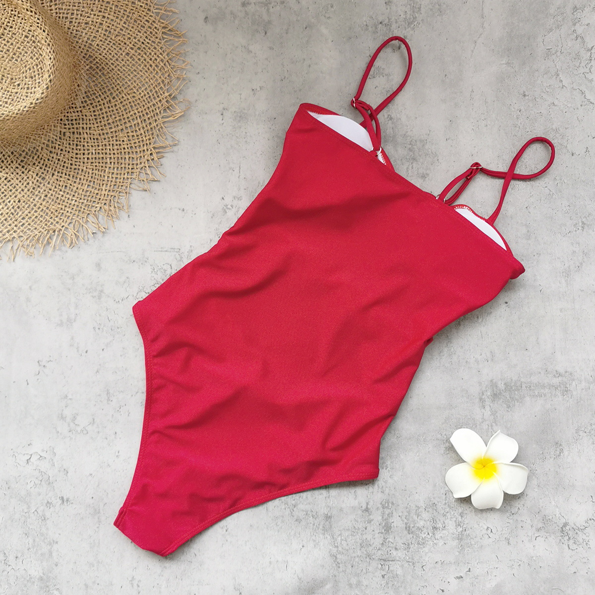 Red Cutout One-Piece Swimsuit with Spaghetti Straps and Jeweled Hardware