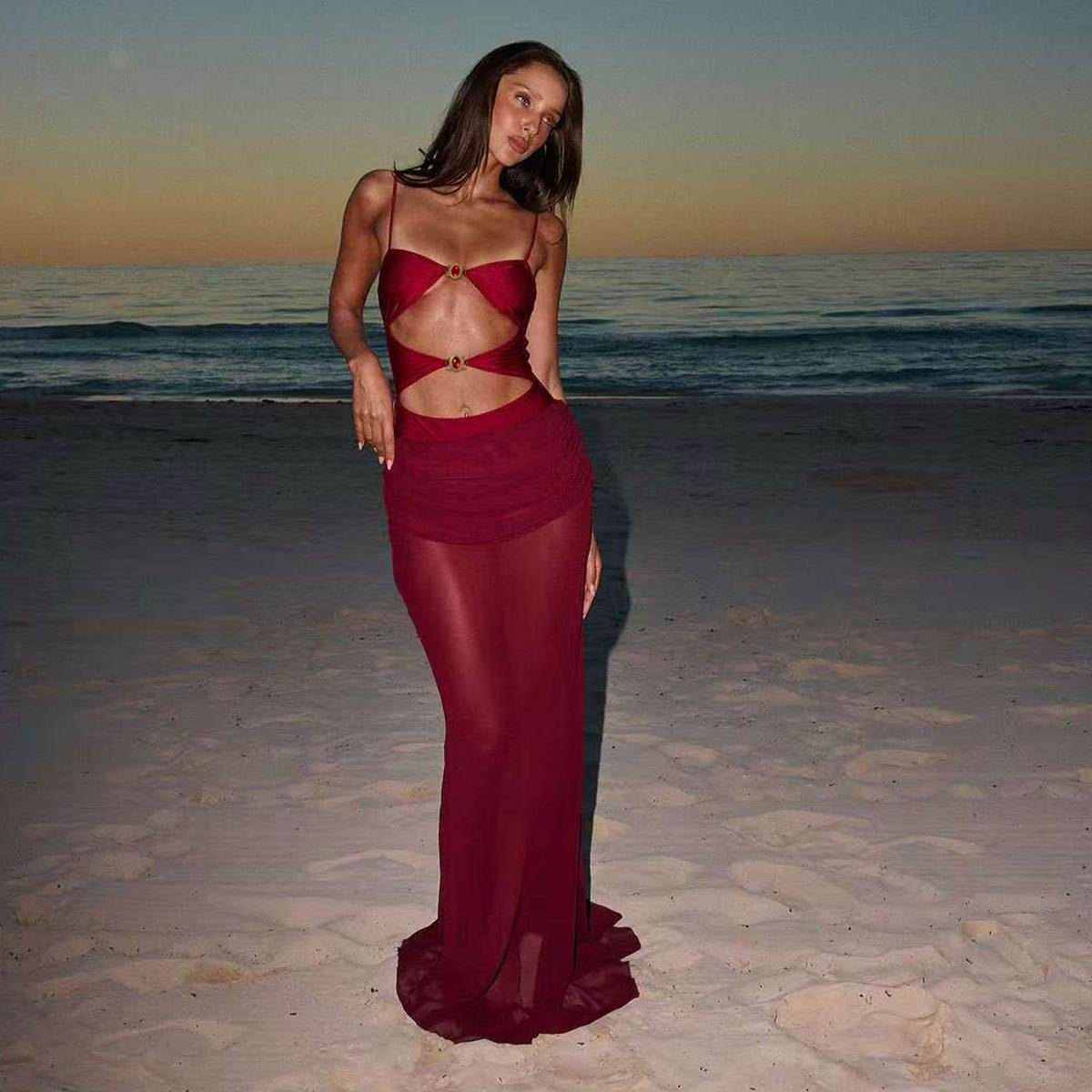 Ruched Waist Sheer Maxi Beach Skirt