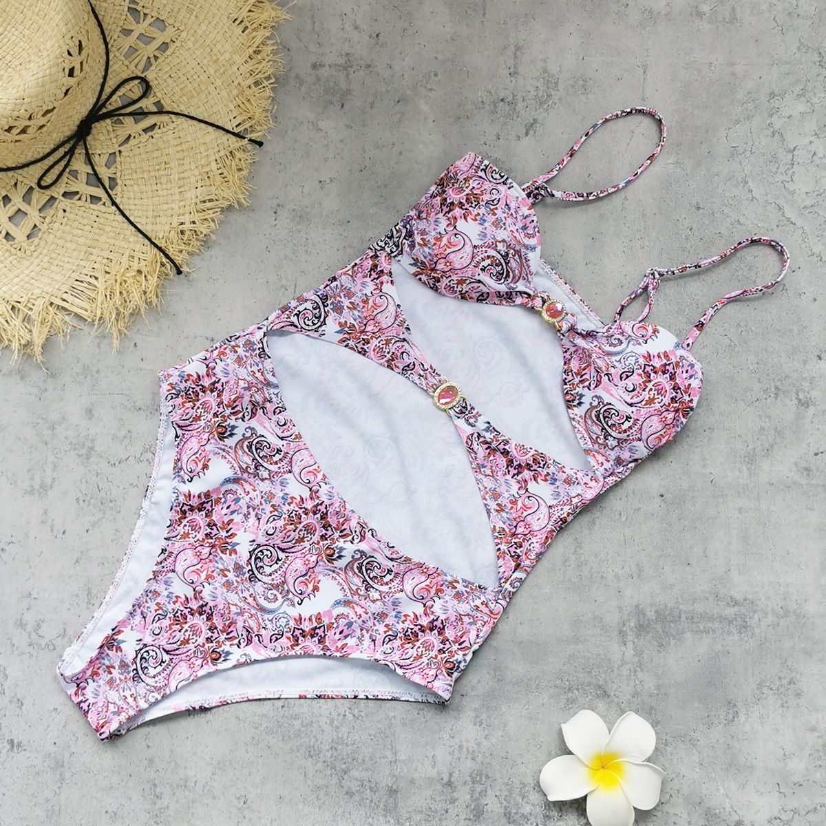 Pink Paisley Cutout One-Piece Swimsuit with Jeweled Center Connectors