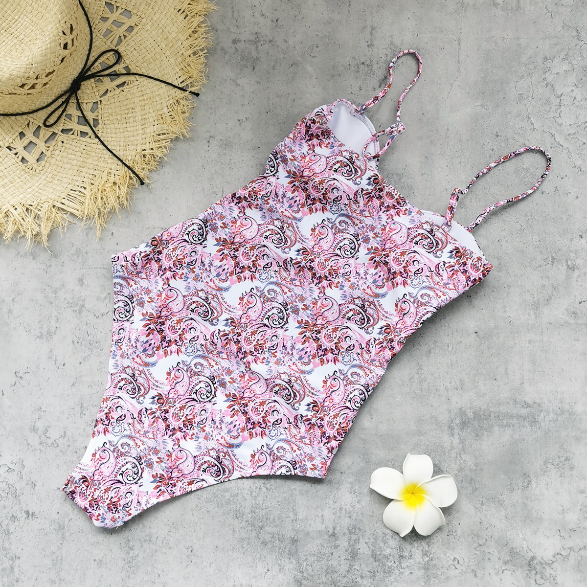 Pink Paisley Cutout One-Piece Swimsuit with Jeweled Center Connectors