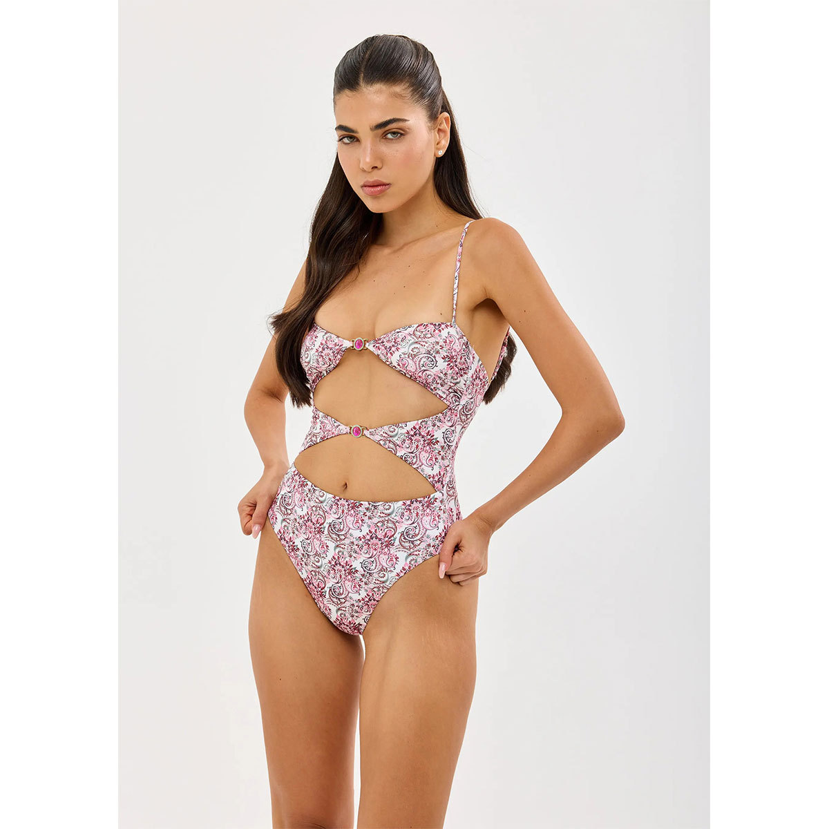 Pink Paisley Cutout One-Piece Swimsuit with Jeweled Center Connectors