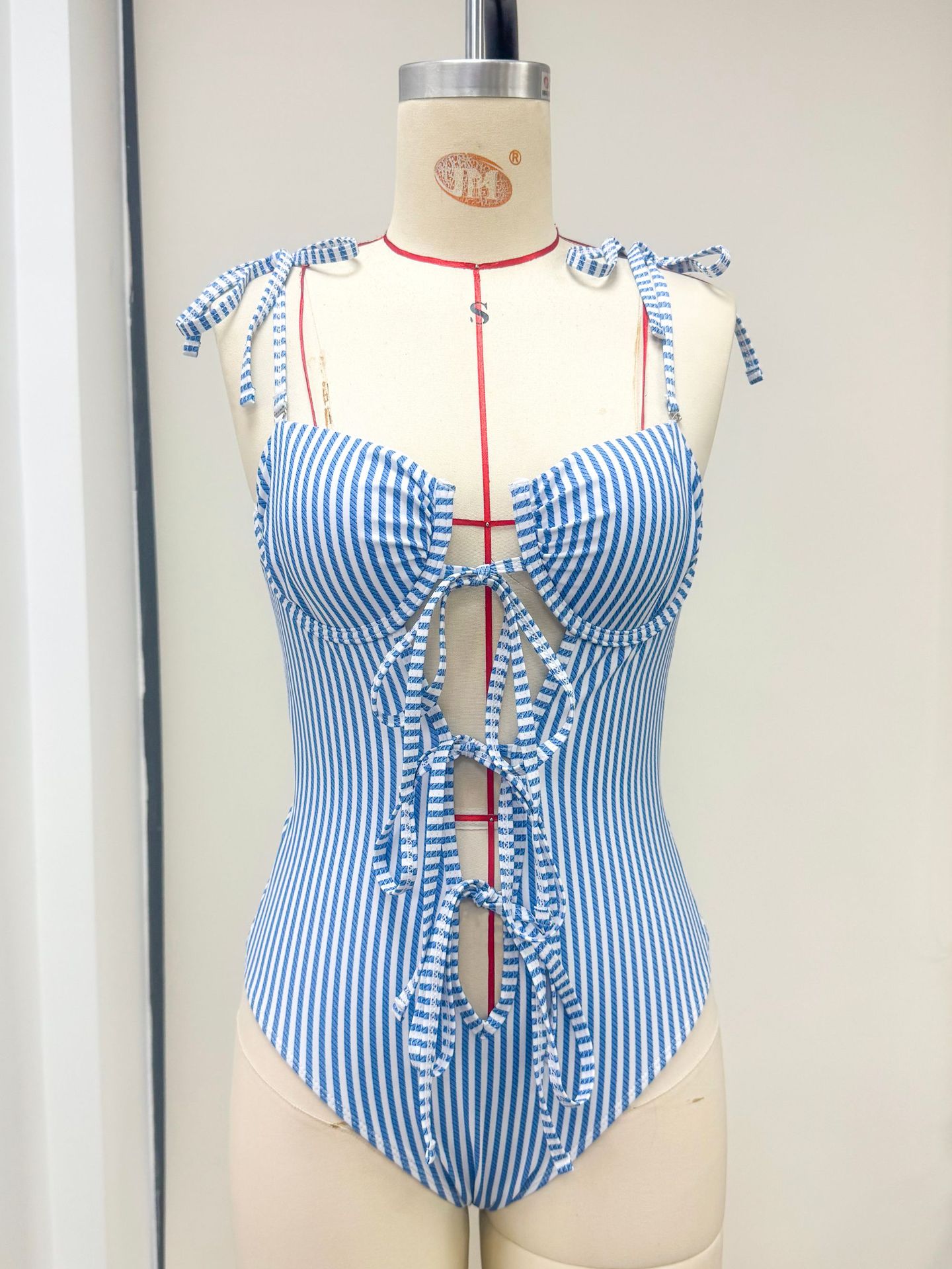 Blue and White Striped One-Piece Swimsuit with Tie Straps and Front Cutout Bows