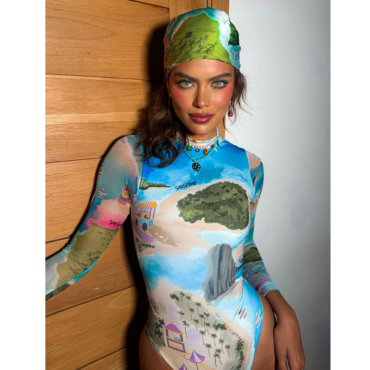 Blue Tropical Print Long Sleeve One Piece Surf Swimsuit