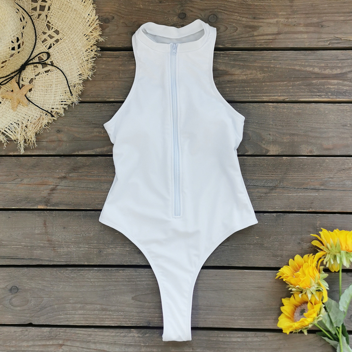 High Neck Zip Front One-Piece Swimsuit with Racerback and High Cut view 12