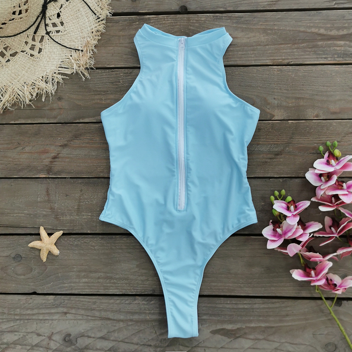 High Neck Zip Front One-Piece Swimsuit with Racerback and High Cut view 6
