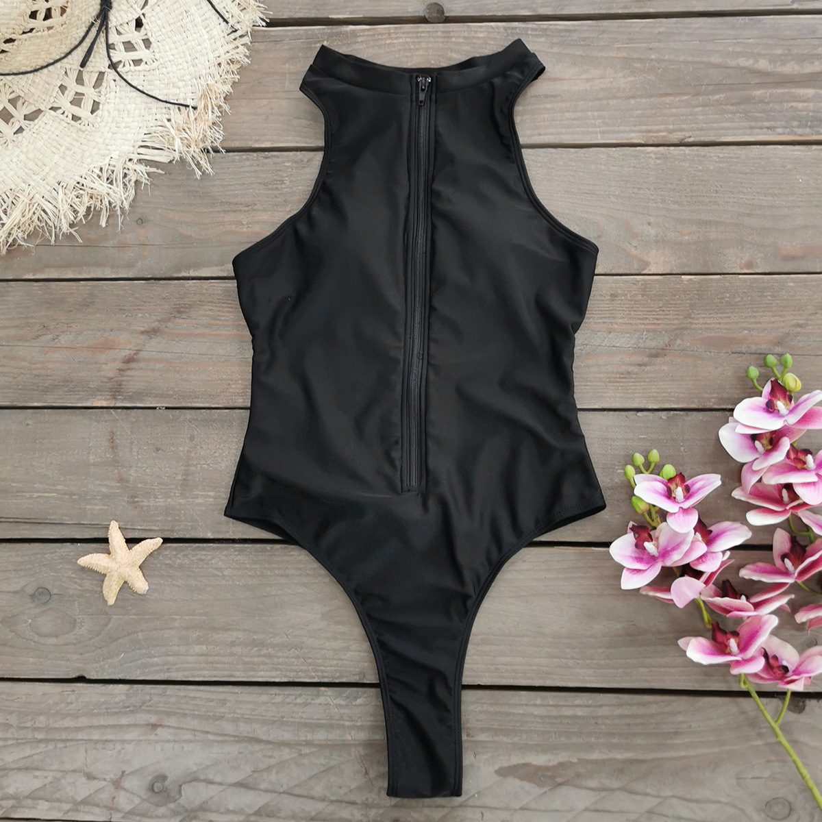 High Neck Zip Front One-Piece Swimsuit with Racerback and High Cut view 9